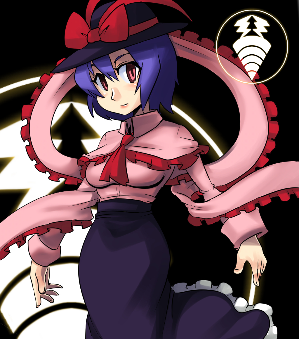 1girl, blue_hair, breasts, hat, hips, hirose_geronimo, long_skirt, looking_at_viewer