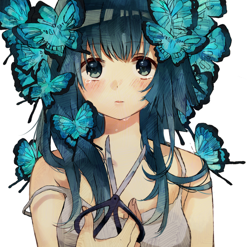 1girl, bare_shoulders, blue_eyes, blue_hair, blush, butterfly, butterfly_on_head, crying, cutting_hair, highres, lingmuzi, long_hair, looking_at_viewer, original, scissors, solo, tears