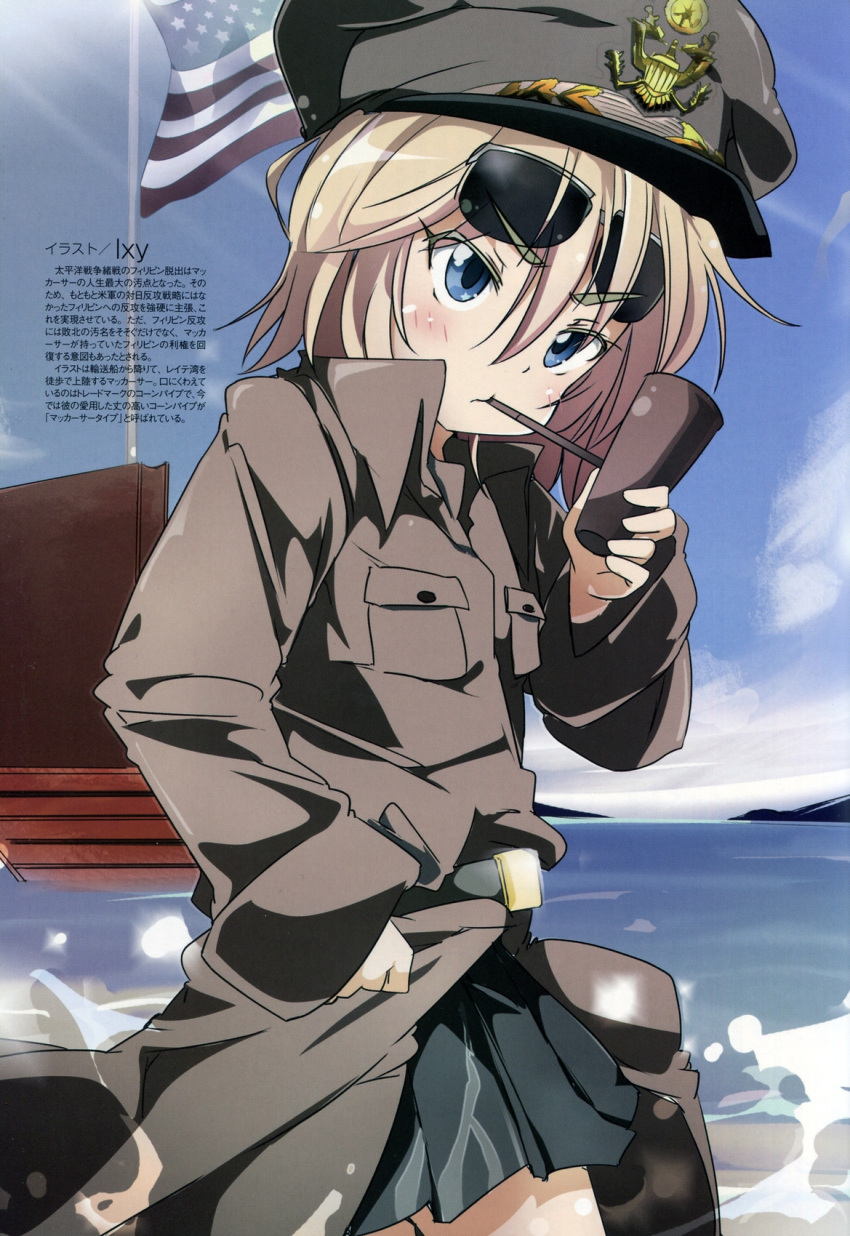 1girl, american_flag, belt, blonde_hair, blue_eyes, blue_sky, blush, clenched_hand
