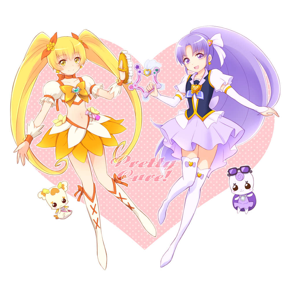 2girls, arm_warmers, blonde_hair, boots, brooch, creature, crop_top, cure_fortune