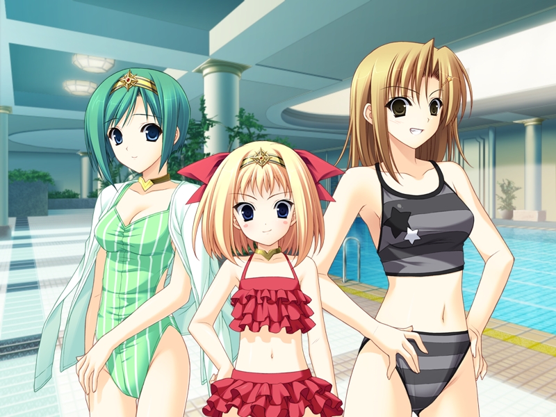 age_difference, akashizawa_miru, bangs, bikini, bikini_skirt, blonde_hair, blue_eyes, blush