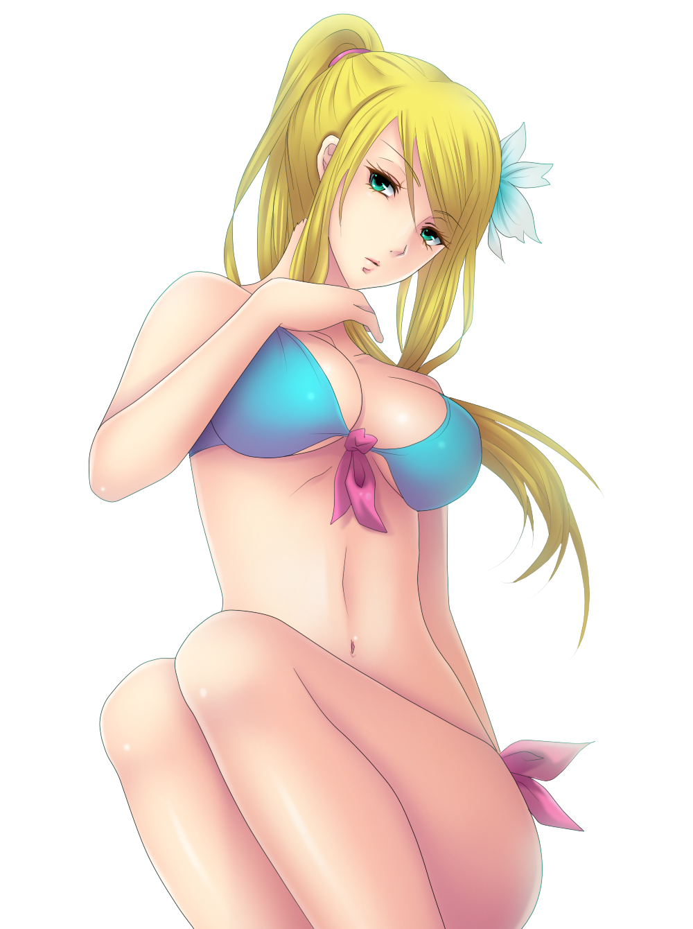 1girl, bikini, blonde_hair, blue_bikini, breasts, female, flower, green_eyes