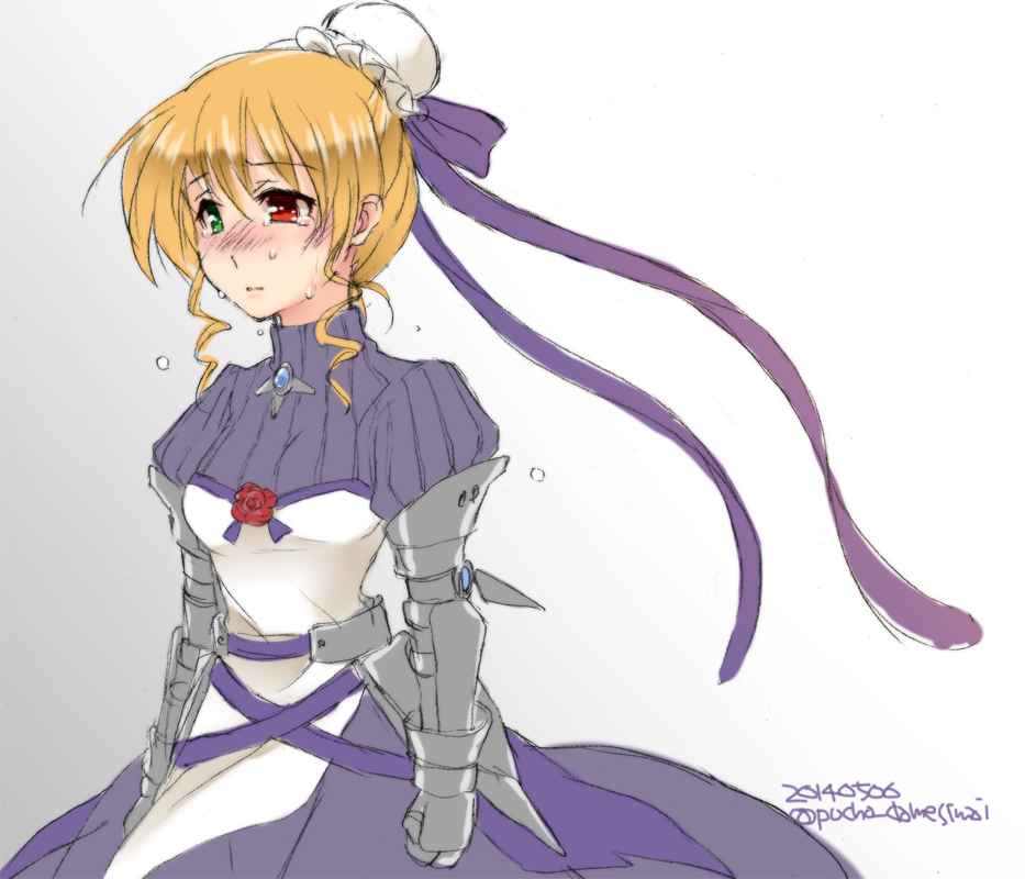 1girl, 2014, armor, armored_dress, blonde_hair, blush, bun_cover, crying