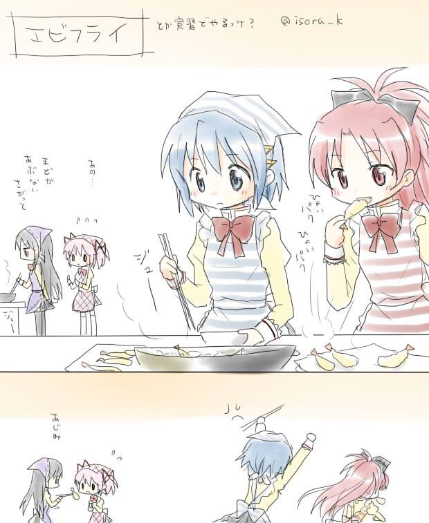 akemi_homura, apron, blue_eyes, blue_hair, chopsticks, cooking, hair_ornament, isora