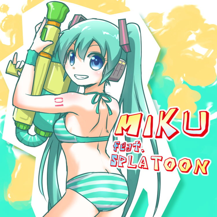 1girl, aqua_hair, bikini, blue_eyes, blush, grin, hatsune_miku, headphones, long_hair, parody, small_breasts, smile, solo, splatoon, striped, striped_bikini, striped_swimsuit, super_soaker, swimsuit, tattoo, twintails, very_long_hair, vocaloid, wristband, yagi_gojou