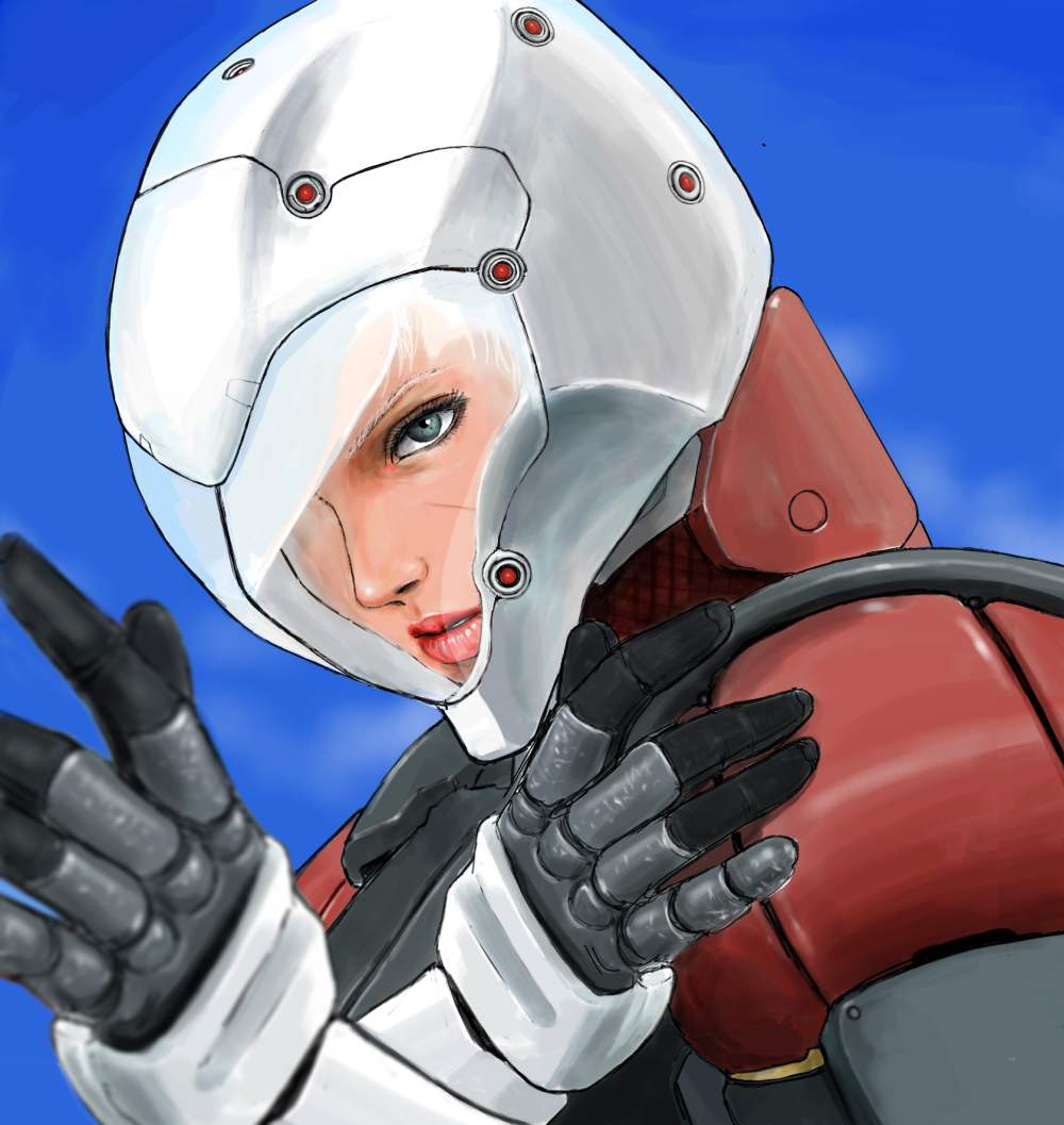 1girl, cyborg_ninja, green_eyes, helmet, izo_(bjc000510), lips, metal_gear_(series), metal_gear_solid, metal_gear_solid_2, nose, olga_gurlukovich, scar, short_hair, solo, spoilers, white_hair