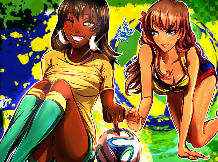 2014_fifa_world_cup, 2girls, blue_eyes, brazuca, breasts, brown_eyes, brown_hair, cherryinthesun