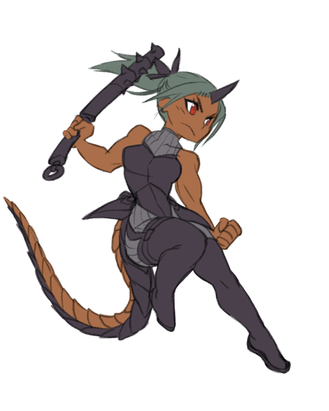 1girl, basilisk, blue_hair, boots, breasts, club, dark_skin, demon_mages