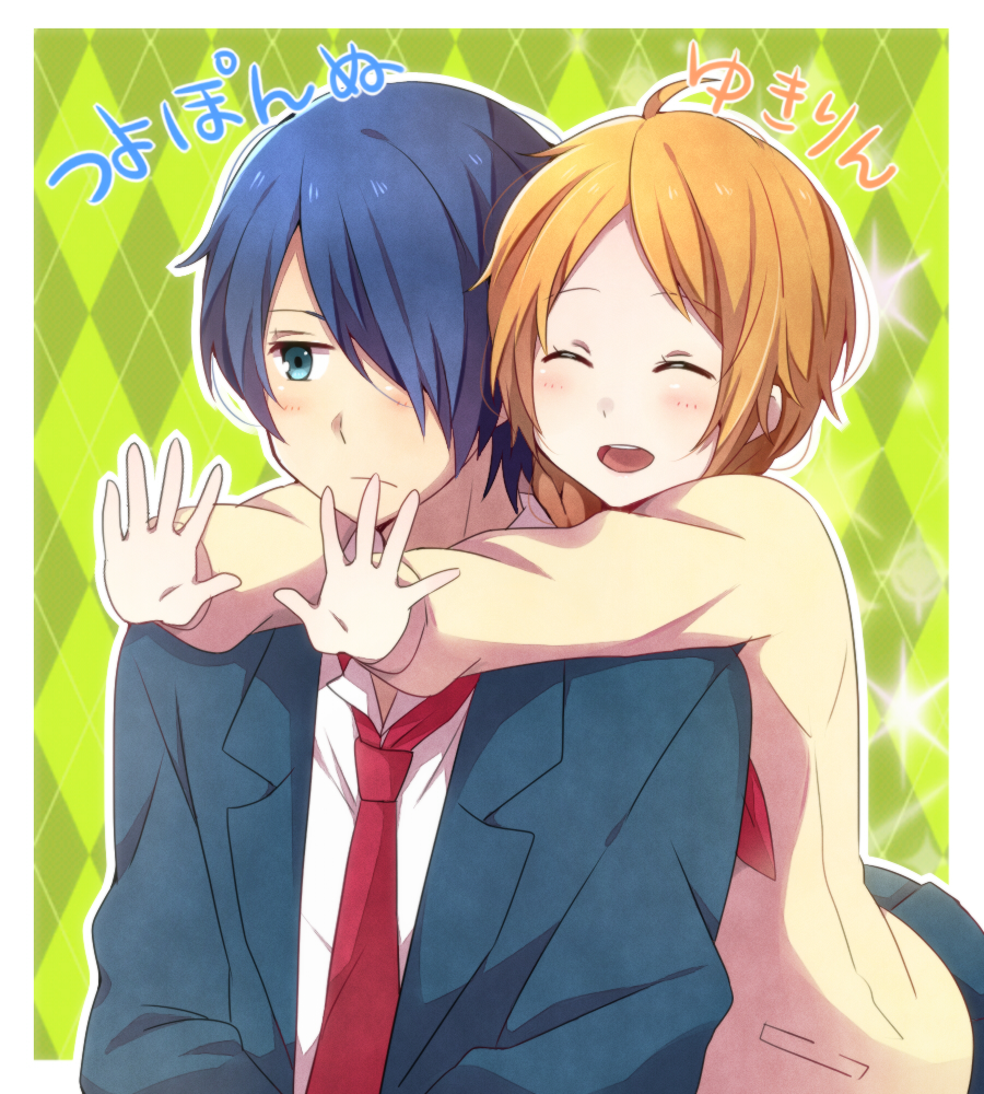 1boy, 1girl, asai_yukiko, blue_hair, blush, closed_eyes, green_eyes, hair_over_one_eye, long_hair, naoe_tsuyoshi, nijiiro_days, orange_hair, school_uniform, smile, yukichi_(eikichi)