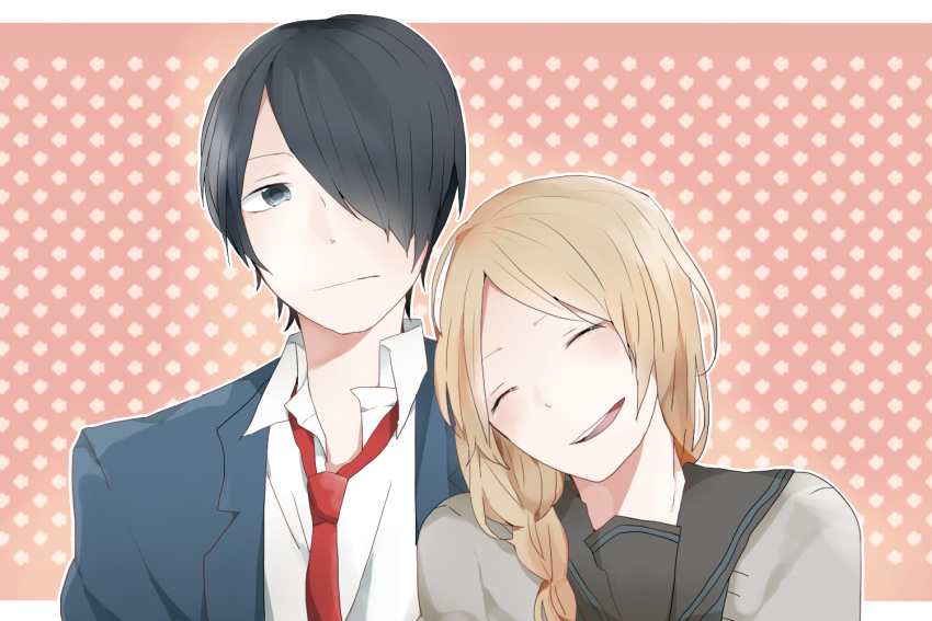 1boy, 1girl, asai_yukiko, black_hair, blonde_hair, braid, couple, hair_over_one_eye