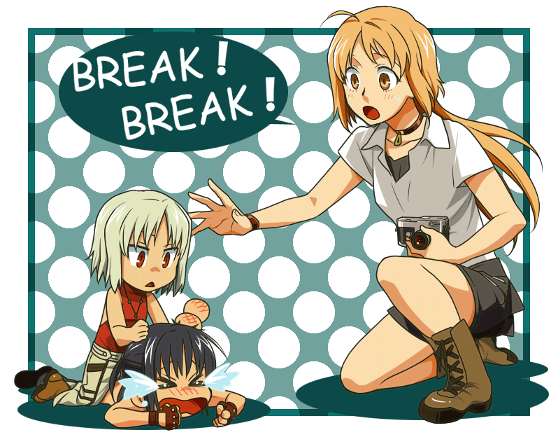 >_<, ahoge, alphard, bare_shoulders, black_hair, blonde_hair, blush, boots