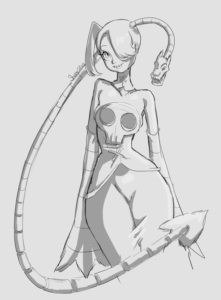 1girl, bare_shoulders, cropped_legs, detached_collar, detached_sleeves, flat_chest, hair_over_one_eye, highres, leviathan_(skullgirls), long_hair, long_skirt, monochrome, shugarskull, side_ponytail, sienna_contiello, sketch, skirt, skull, skullgirls, smile, solo, stitched_mouth, striped_sleeves, wide_hips, zombie