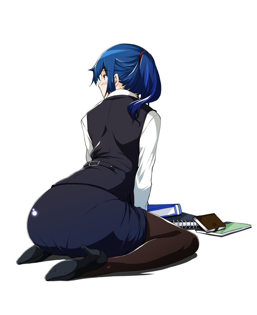 1girl, binder, blue_hair, blush, book, high_heels, highres, kawamura_tsukasa, long_hair, office_lady, pantyhose, ponytail, simple_background, skirt, solo, uniform, white_background