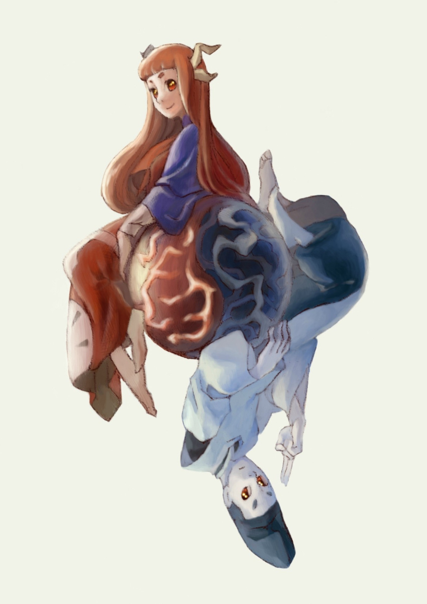 1boy, 1girl, barefoot, d-nobi, dual_persona, frown, hat, highres, horns, japanese_clothes, long_hair, orb, red_eyes, redhead, shingyoku, shingyoku_(male), sitting, skirt, smile, tate_eboshi, touhou, touhou_(pc-98), upside-down, yin_yang
