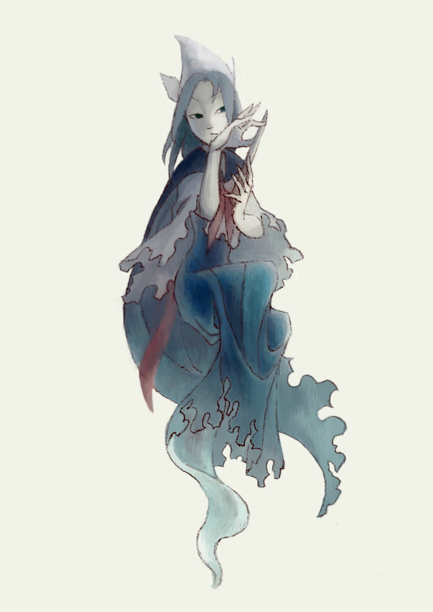 1girl, blue_dress, cape, d-nobi, dress, ghost_tail, headwear, highres