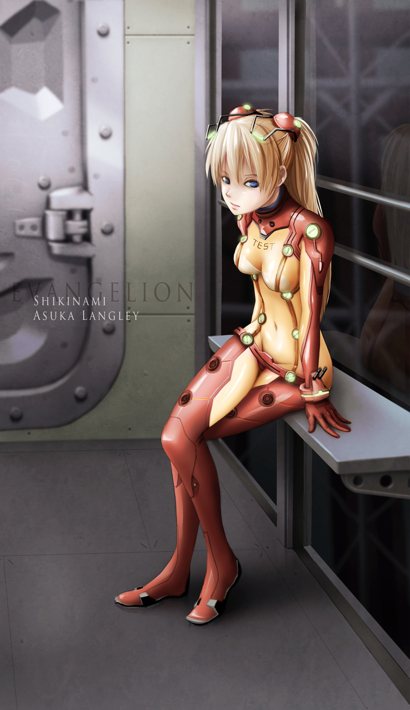 1girl, bench, blue_eyes, bodysuit, breasts, character_name, copyright_name, evangelion:_2.0_you_can_(not)_advance