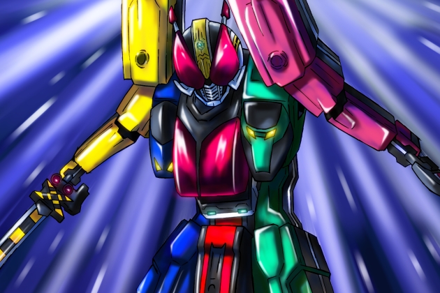 1boy, creator_connection, fusion, gekoge_satoru, kamen_rider, kamen_rider_den-o, kamen_rider_den-o_(series), male, mask, ressha_sentai_toqger, solo, super_sentai, sword, toq-oh, train, weapon