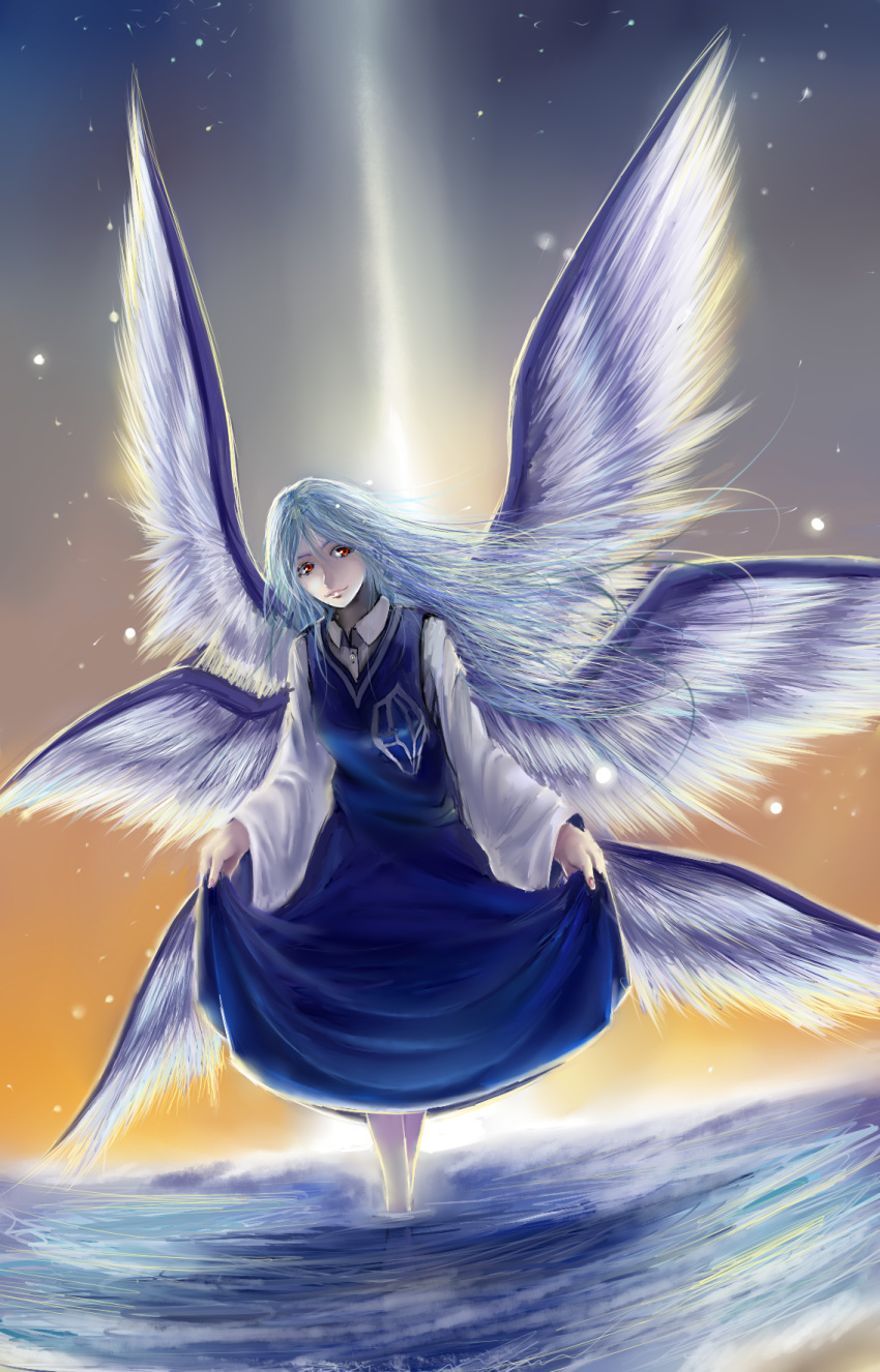 blue_dress, blue_hair, collared_shirt, dress, dress_lift, highres, long_hair, long_sleeves, monochro_kamen, red_eyes, sariel, star, sunset, touhou, touhou_(pc-98), water, wings
