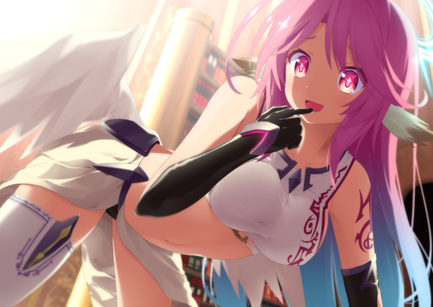 1girl, angel_wings, black_gloves, blush, bookshelf, breasts, elbow_gloves, feathered_wings