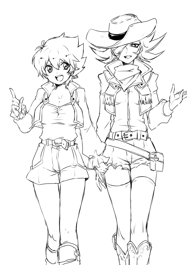 2girls, boots, breasts, eyepatch, female, genderswap, hat, jim_crocodile_cook