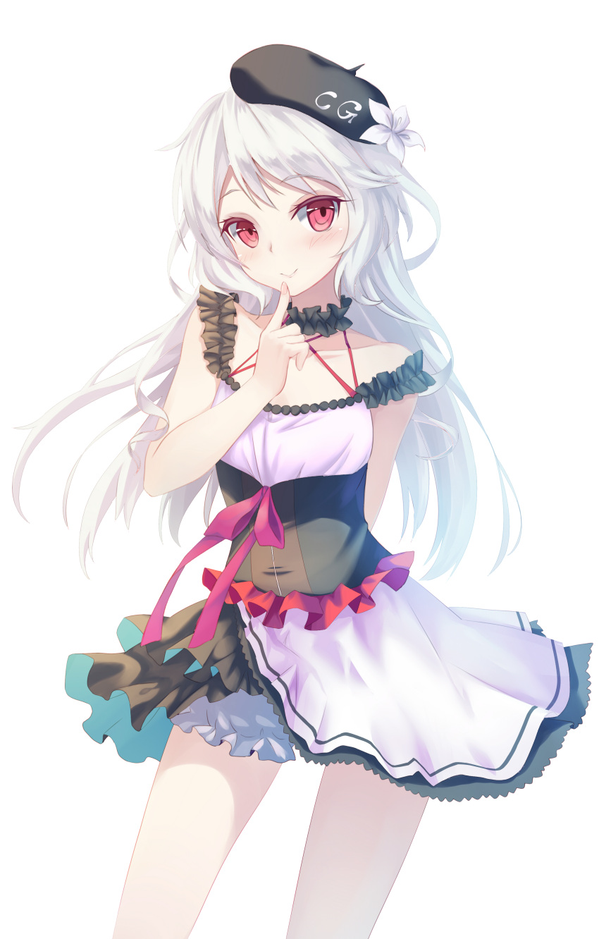 1girl, absurdres, dress, finger_to_mouth, hat, highres, long_hair, looking_at_viewer