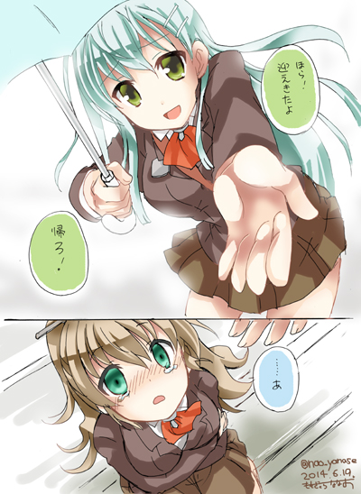 2girls, 2koma, aqua_eyes, aqua_hair, ascot, blush, brown_hair, brown_skirt