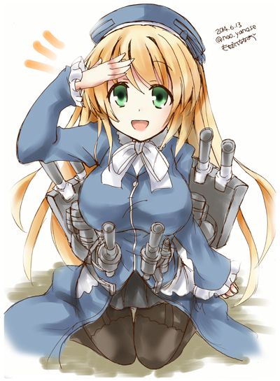 1girl, atago_(kantai_collection), beret, black_legwear, blonde_hair, blue_dress, bowtie, breasts, dated, dress, frilled_sleeves, frills, green_eyes, hat, kantai_collection, long_hair, long_sleeves, looking_at_viewer, machinery, momozakura_nanao, pantyhose, pleated_skirt, salute, seiza, sitting, skirt, solo, twitter_username, white_background