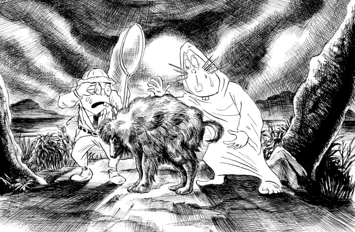 2boys, asameshi_(seisakushat), barefoot, breath, buck_teeth, butterfly_net, dog, gegege_no_kitarou