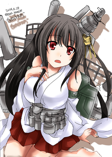 1girl, arm_support, bare_shoulders, black_hair, dated, detached_sleeves, fusou_(kantai_collection), hair_ornament