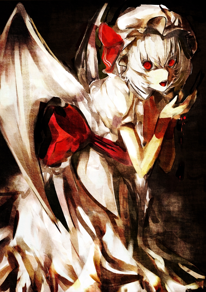 1girl, bat_wings, dress, hat, hat_ribbon, looking_at_viewer, mob_cap, open_mouth