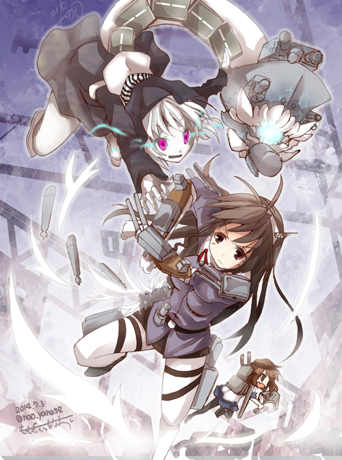 >:(, 3girls, ahoge, anchor, ashigara_(kantai_collection), backpack, bag, battle