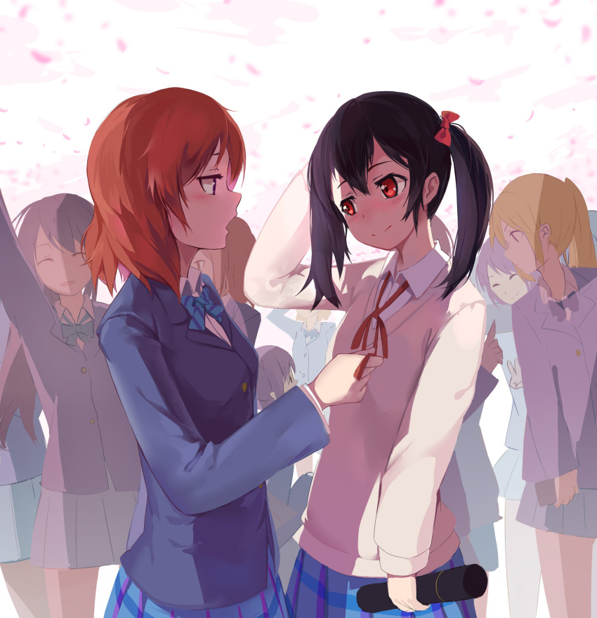 2girls, black_hair, blush, bow, brown_hair, crowd, gensou_kuro_usagi, graduated_cylinder