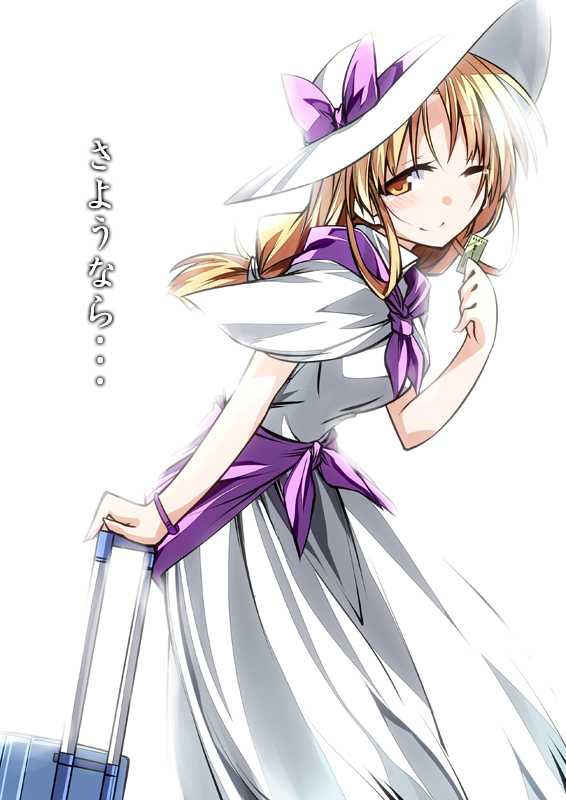 1girl, backlighting, bent_over, blonde_hair, bow, capelet, dress, hat