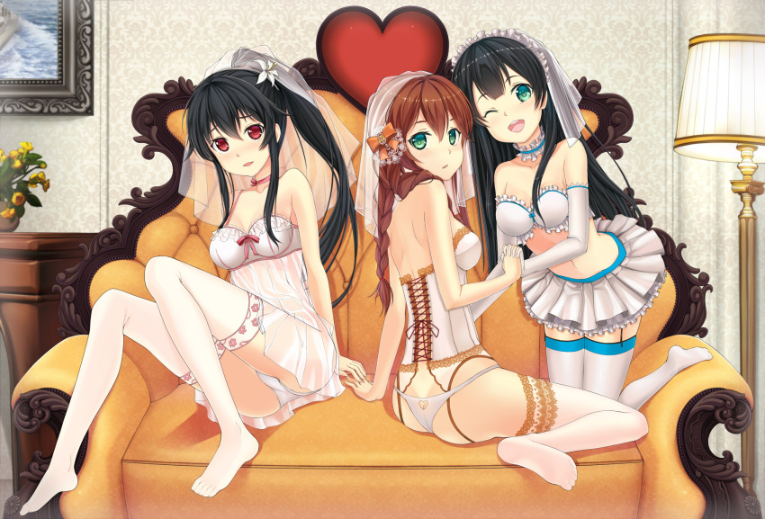 3girls, agano_(kantai_collection), alternate_costume, black_hair, braid, breasts, bridal_veil, bride, brown_hair, couch, dress, e_neko, elbow_gloves, gloves, green_eyes, highres, kantai_collection, long_hair, multiple_girls, noshiro_(kantai_collection), open_mouth, panties, ponytail, red_eyes, sitting, thigh-highs, twin_braids, underwear, veil, wedding_dress, white_panties, yahagi_(kantai_collection)