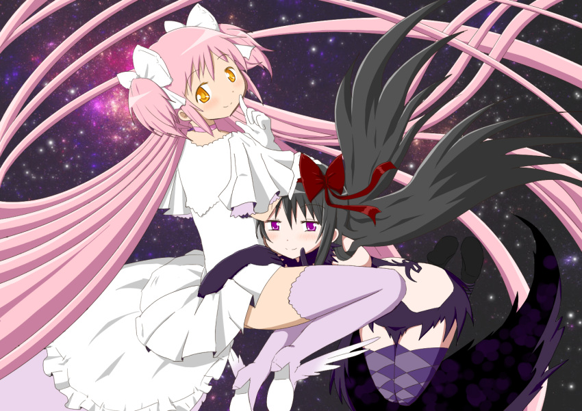 2girls, absurdly_long_hair, akemi_homura, akuma_homura, argyle, argyle_legwear, bare_shoulders, black_gloves