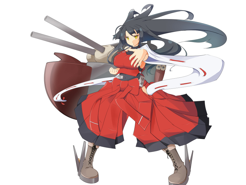 1girl, absurdres, ahoge, black_hair, boots, bow, breasts, cannon