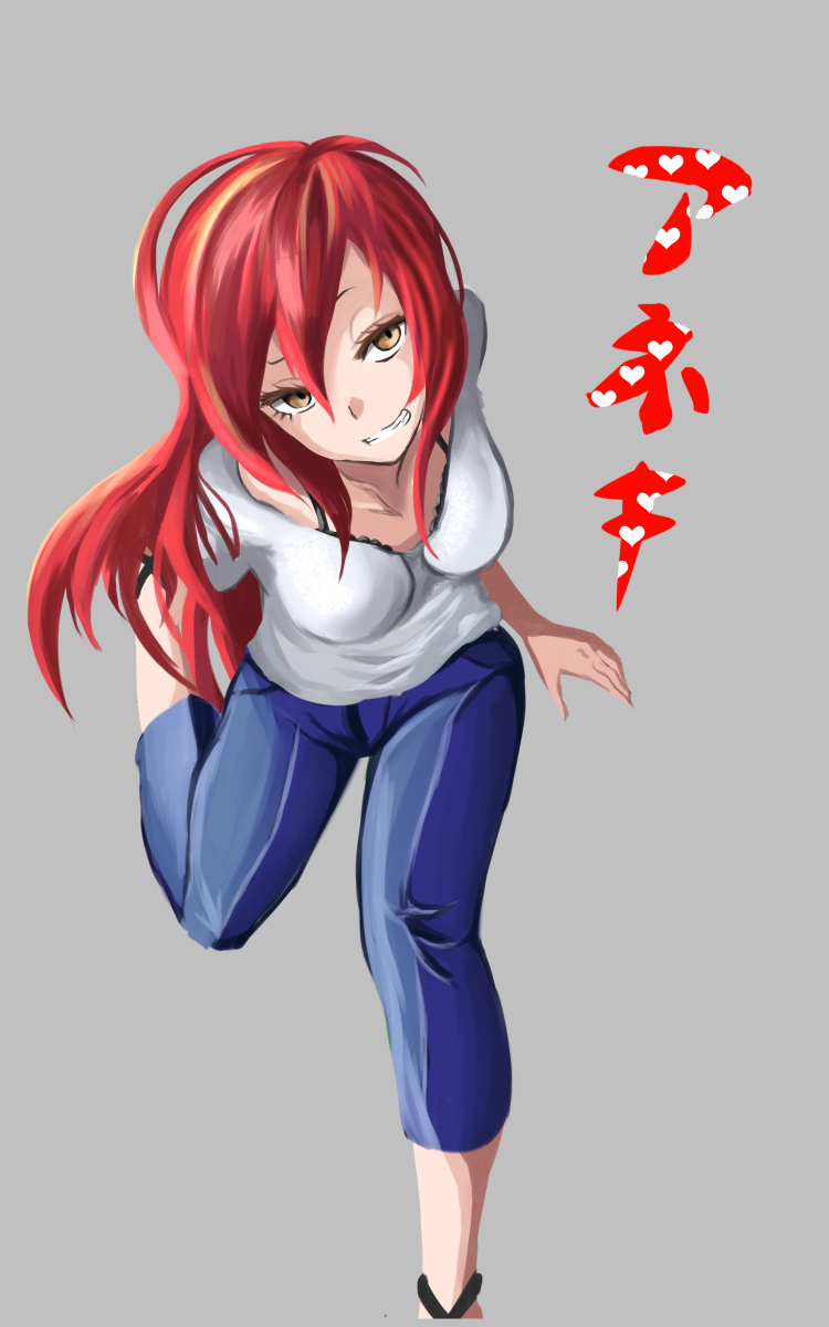 1girl, alternate_hairstyle, brown_eyes, camisole, casual, denim, eyelashes, grin, highres, hoozuki-san_chi_no_aneki, hoozuki_haru, jeans, koo_teitoku, long_hair, pants, redhead, smile, solo, standing_on_one_leg