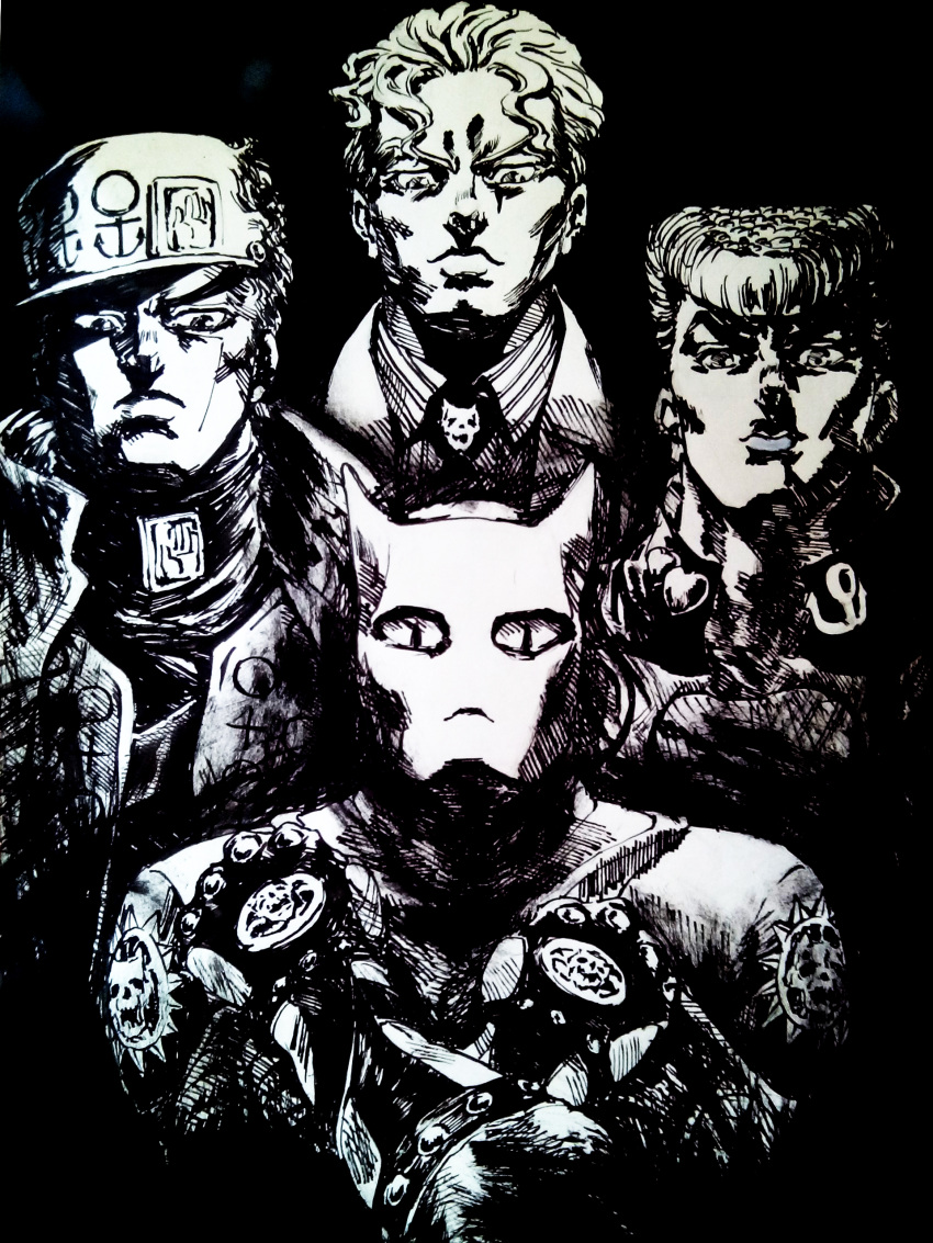 3boys, absurdres, album_cover, artist_request, black_background, bohemian_rhapsody, cover, crossover, derivative_work, hat, higashikata_jousuke, highres, jojo_no_kimyou_na_bouken, killer_queen, kira_yoshikage, kuujou_joutarou, monochrome, multiple_boys, parody, queen_(band), short_hair, simple_background, sketch, source_request, stand_(jojo), tagme