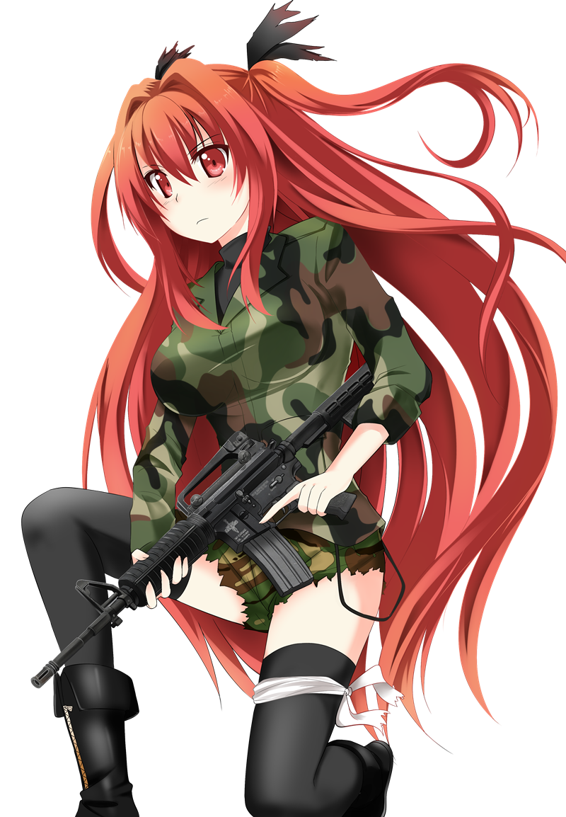 1girl, black_legwear, blush, breasts, catstudioinc_(punepuni), gun, kneeling, large_breasts