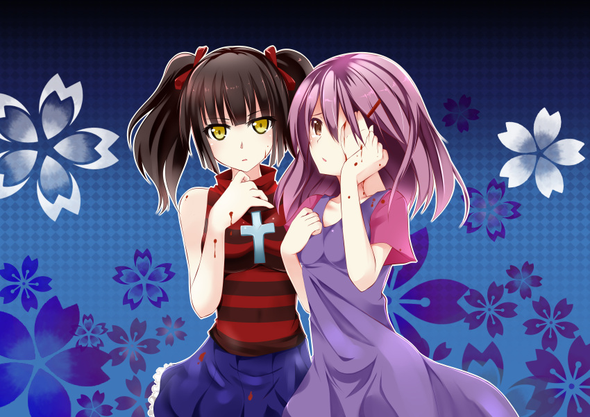 2girls, absurdres, blood, blush, breasts, catstudioinc_(punepuni), character_request, cross