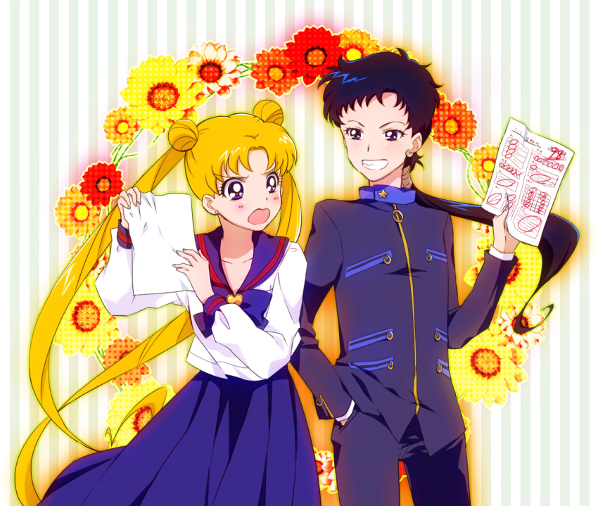 1boy, 1girl, bishoujo_senshi_sailor_moon, blonde_hair, blue_skirt, blush, couple, eyelashes