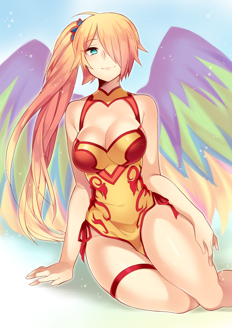 1girl, aqua_eyes, arm_support, breasts, chinese_clothes, cleavage, hair_over_one_eye, kaki_s