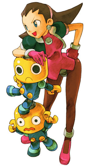 1girl, 2others, bengus, blue_eyes, brown_hair, capcom, crotch_plate, full_body