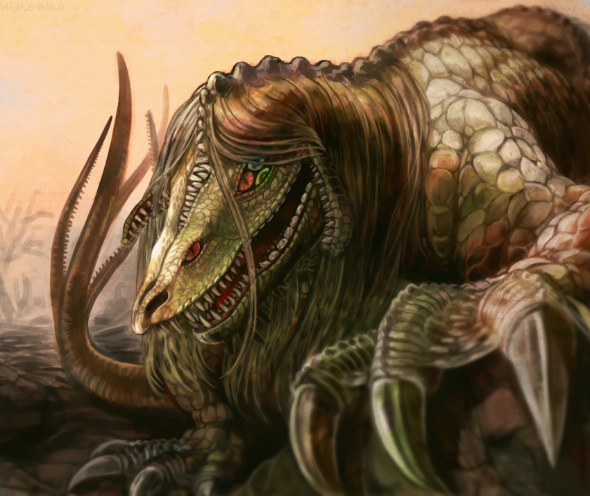 2014, artist_name, artist_request, blue_eyes, claws, commentary_request, dated, fangs, green_eyes, long_hair, megum, monster, no_humans, open_mouth, red_eyes, scp-682, scp_foundation, solo, tail