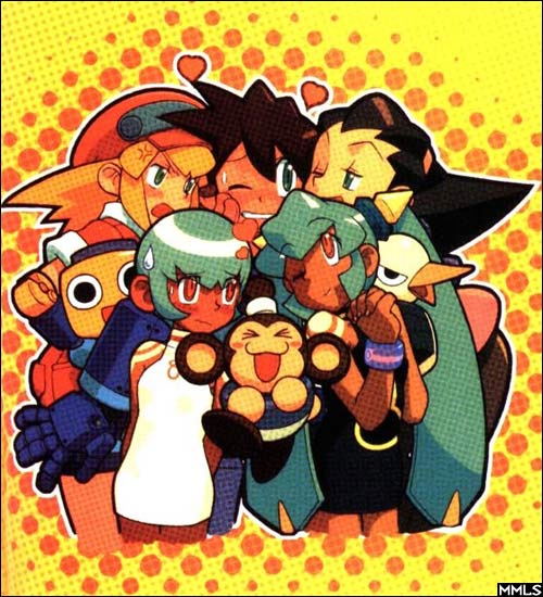 1boy, 3others, 4girls, android, data_(rockman_dash), harem, heart, ishikawa_hideki