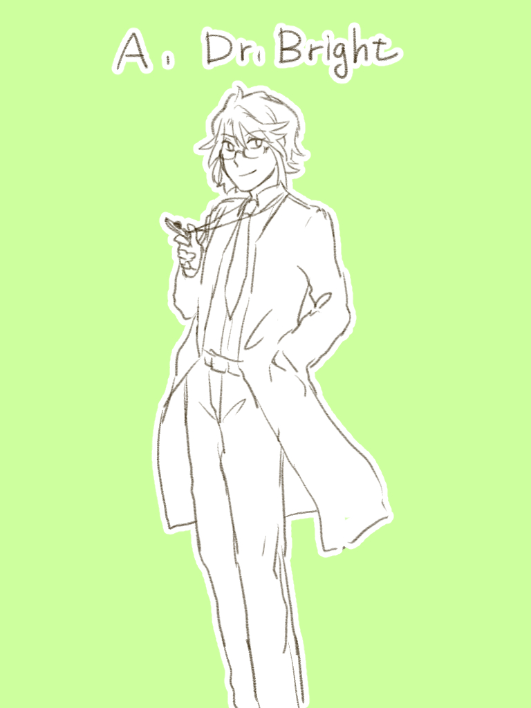 1boy, character_name, glasses, green_background, hand_in_pocket, jack_bright, jewelry, labcoat