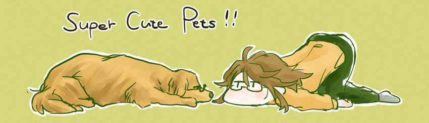 1boy, ahoge, brown_hair, dog, english, eye_contact, glasses, jack_bright