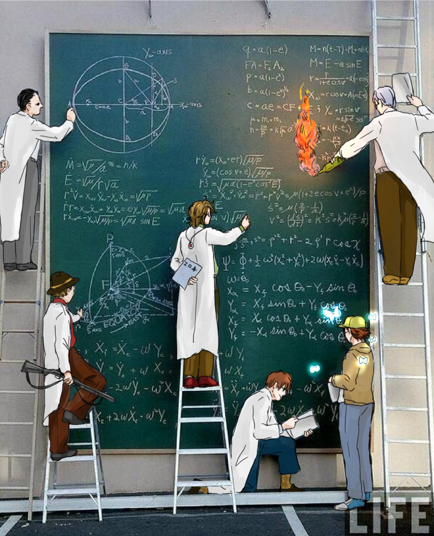 6+boys, absurdres, alto_clef, arm_behind_back, baseball_cap, black_hair, bottle, brown_hair, butterfly, chalkboard, commentary, derivative_work, facial_hair, fire, gears_(scp), glasses, gun, hat, highres, iceberg_(scp), jack_bright, jewelry, kneeling, labcoat, ladder, male, molotov_cocktail, multiple_boys, necklace, pendant, scp-408, scp_foundation, seneo, simon_glass, standing, translation_request, weapon, white_hair, writing