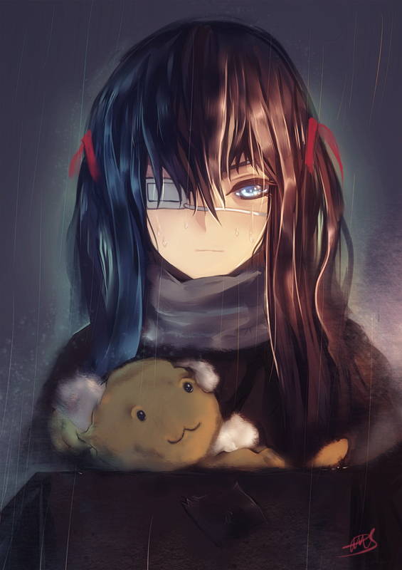 1girl, black_hair, blue_eyes, box, cardboard_box, eyepatch, hair_ribbon, original