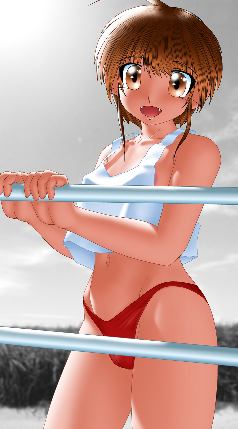 bottomless, brown_eyes, brown_hair, camisole, cleavage, delica, fangs, highres